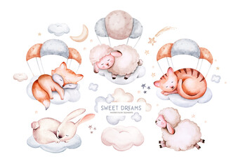 Watercolor elephant animal illustration of a cute baby sheep, lamb, sleeping rabbit and bunny, koala and deer fawn on the moon and the cloud. Baby Shower fox nursery Theme Invitation © kris_art