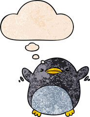 cute cartoon flapping penguin and thought bubble in grunge texture pattern style
