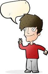 cartoon man giving peace sign with speech bubble