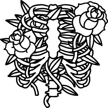 black line tattoo of a rib cage and flowers