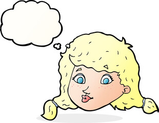 cartoon pretty female face with thought bubble