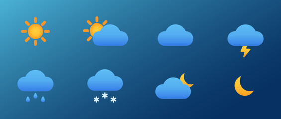Set of 8 basic weather icons with gradient. Can be used for web, apps, stickers. Isolated vector illustration.