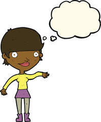 cartoon happy woman  with thought bubble