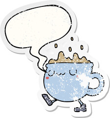 cartoon coffee cup walking and speech bubble distressed sticker