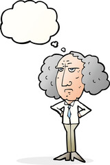 cartoon big hair lecturer man with thought bubble