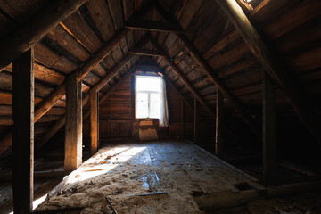 Wooden interior, perspective view of an abandoned attic room