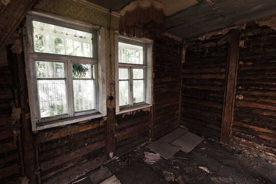 Abstract abandoned grunge interior, dark wooden room