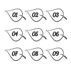 point number set, 0 to 9, hand drawn style, leaf shape