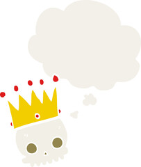cartoon skull with crown and thought bubble in retro style