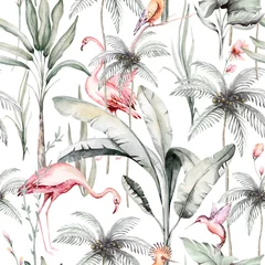 Gardinen Pflanzen Muster  Tropical watercolor birds hummingbird, monkey and jaguar, exotic jungle plants palm banana leaves flowers, flamingo pastel color seamless pattern fabric background  © kris_art