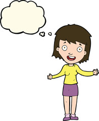 cartoon excited woman with thought bubble