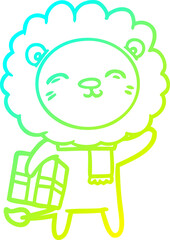 cold gradient line drawing cartoon lion with christmas present
