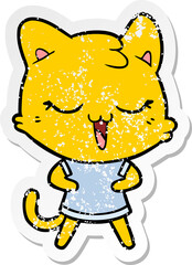 distressed sticker of a happy cartoon cat