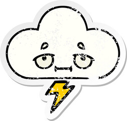distressed sticker of a cute cartoon thunder cloud