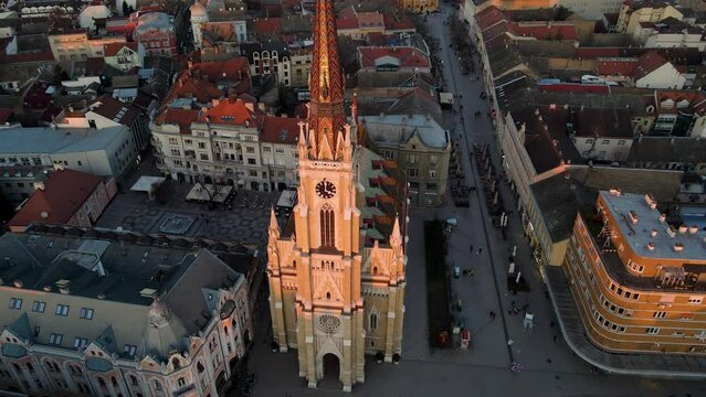 Drone aerial view around the Name of Mary Church in the centre city of Novi Sad, Serbia