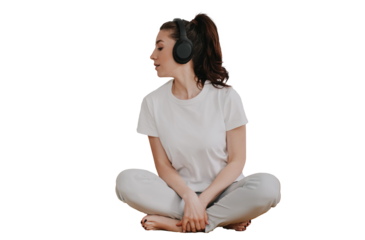 Calm caucasian young woman in casual using headphones sitting  listens music. Brunette hispanic girl relaxing home on week. Domestic leisure. Cozy home. Lonely housewife bored. Transparent background