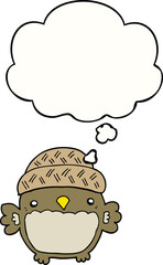 cute cartoon owl in hat and thought bubble