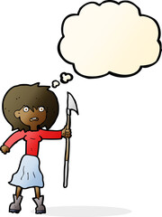 cartoon woman with harpoon with thought bubble