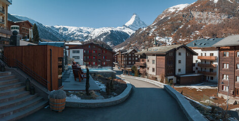 Aerial view on Zermatt Valley town and Matterhorn Peak in the background in the morning in...