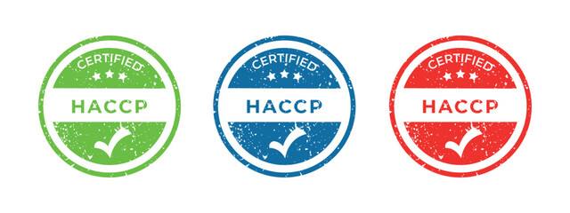 HACCP checked icon set. Hazard analysis critical control point icons. Certified round emblem