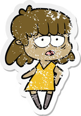 distressed sticker of a cartoon tired woman