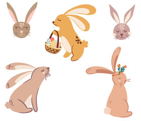 Bunny rabbit set. Cute rabbits with flowers, baskets with eggs. Ideal for printing, postcards, Easter holiday. Vector Hand-drawn cartoon illustration of cute forest character. 