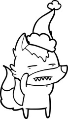 line drawing of a wolf showing teeth wearing santa hat