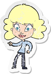 retro distressed sticker of a cartoon woman pointing