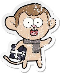 distressed sticker of a cartoon shocked monkey