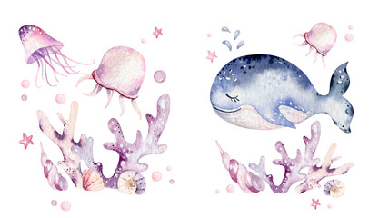 Set of sea animals. Blue watercolor ocean fish, turtle, whale and coral. Shell aquarium background. Nautical marine hand painted illustration.