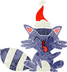 cute retro cartoon of a raccoon wearing santa hat