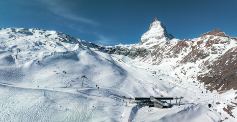 Beautiful Zermatt ski resort with view of the Matterhorn peak on the horizon. Beautiful Swiss Alps.