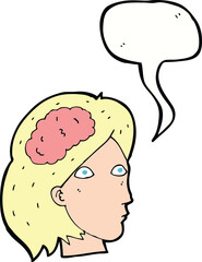 cartoon female head with brain symbol with speech bubble