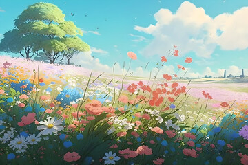 Obraz na płótnie Canvas A Colorful and Breathtaking Scene with a Beautiful Sky and Lively Meadow in Manga Style. Generative AI