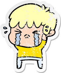 distressed sticker of a cartoon boy crying