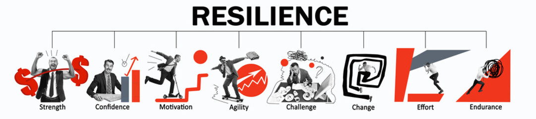 Set of icons for resilience. Strength, confidence, motivation, agility, challenge, change, effort,...