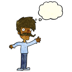 cartoon waving mustache man with thought bubble