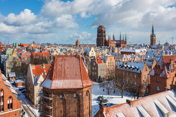 Beautiful scenery of the Main Town in Gdansk at snowy winter, Poland
