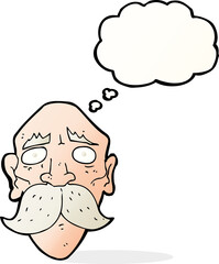 cartoon sad old man with thought bubble