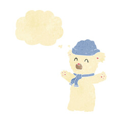 cartoon cute polar bear in hat and scarf with thought bubble