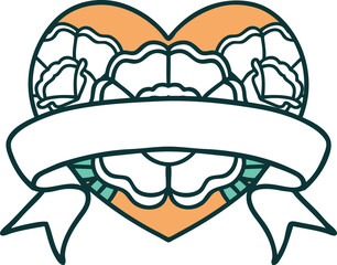 tattoo style icon of a heart and banner with flowers
