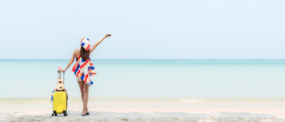 Summer vacations. Lifestyle  woman relax and chill on beach background.  Asia happy young people...