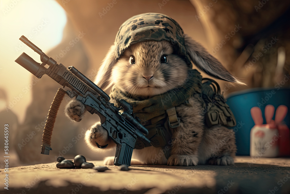 Wall mural A Cute little bunny with military gear. Generative AI.