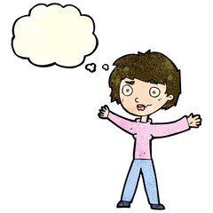cartoon woman waving arms with thought bubble