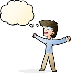 cartoon woman wearing glasses with thought bubble
