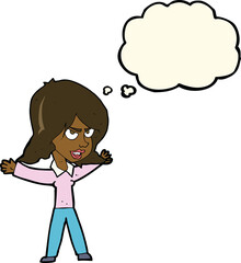 cartoon woman gesturing with thought bubble