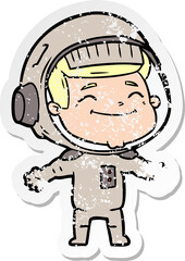 distressed sticker of a happy cartoon astronaut