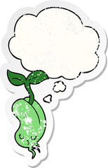 cartoon sprouting bean and thought bubble as a distressed worn sticker