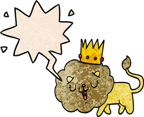 cartoon lion and crown and speech bubble in retro texture style