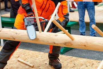 A fragment of the lumberjack competition, a demonstration of the technique of owning a chainsaw.